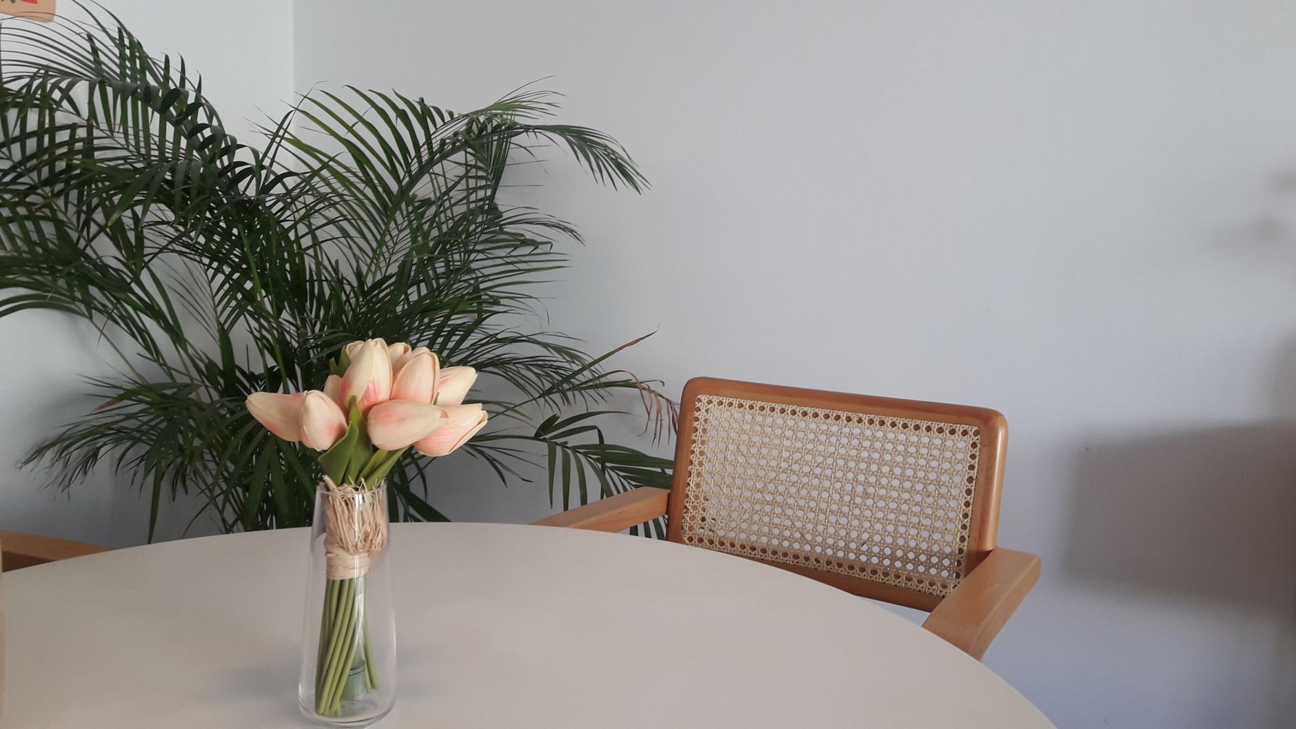 A serene minimalist interior featuring a tulip vase on a round table with a cane chair and greenery backdrop.