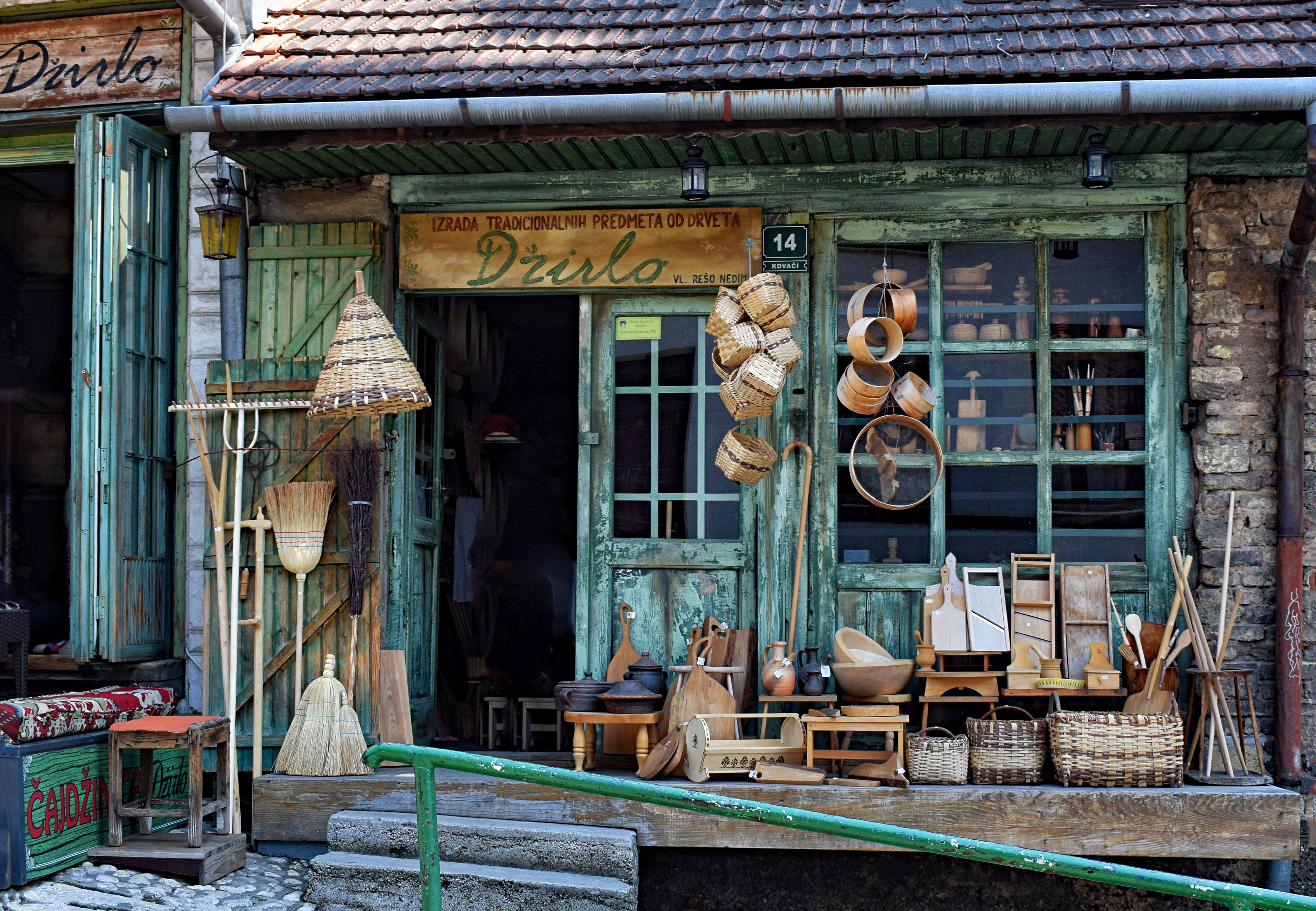 Explore traditional crafts in this rustic Sarajevo shopfront filled with wooden items.