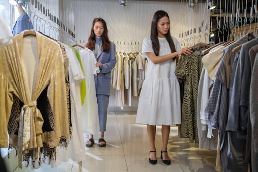 Two women browsing stylish clothes in a modern boutique.