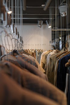 Vertical shot of fashionable clothes on hangers in a stylish boutique setting.
