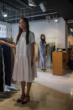 Elegant women's clothing store featuring stylish garments with contemporary interior design.