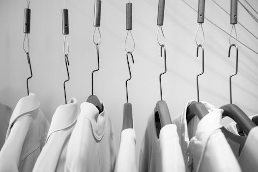 Black and white image of clothes hanged neatly on hangers, showcasing a minimalist aesthetic.