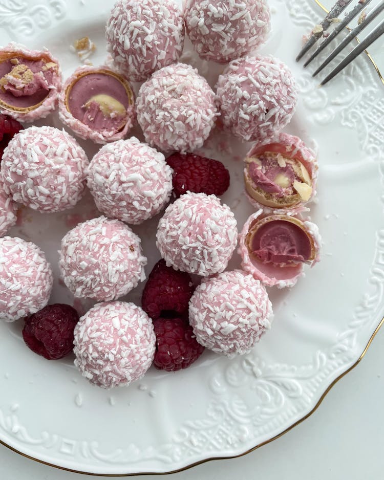 Overhead Shot Of Raspberry Coconut Bliss Balls