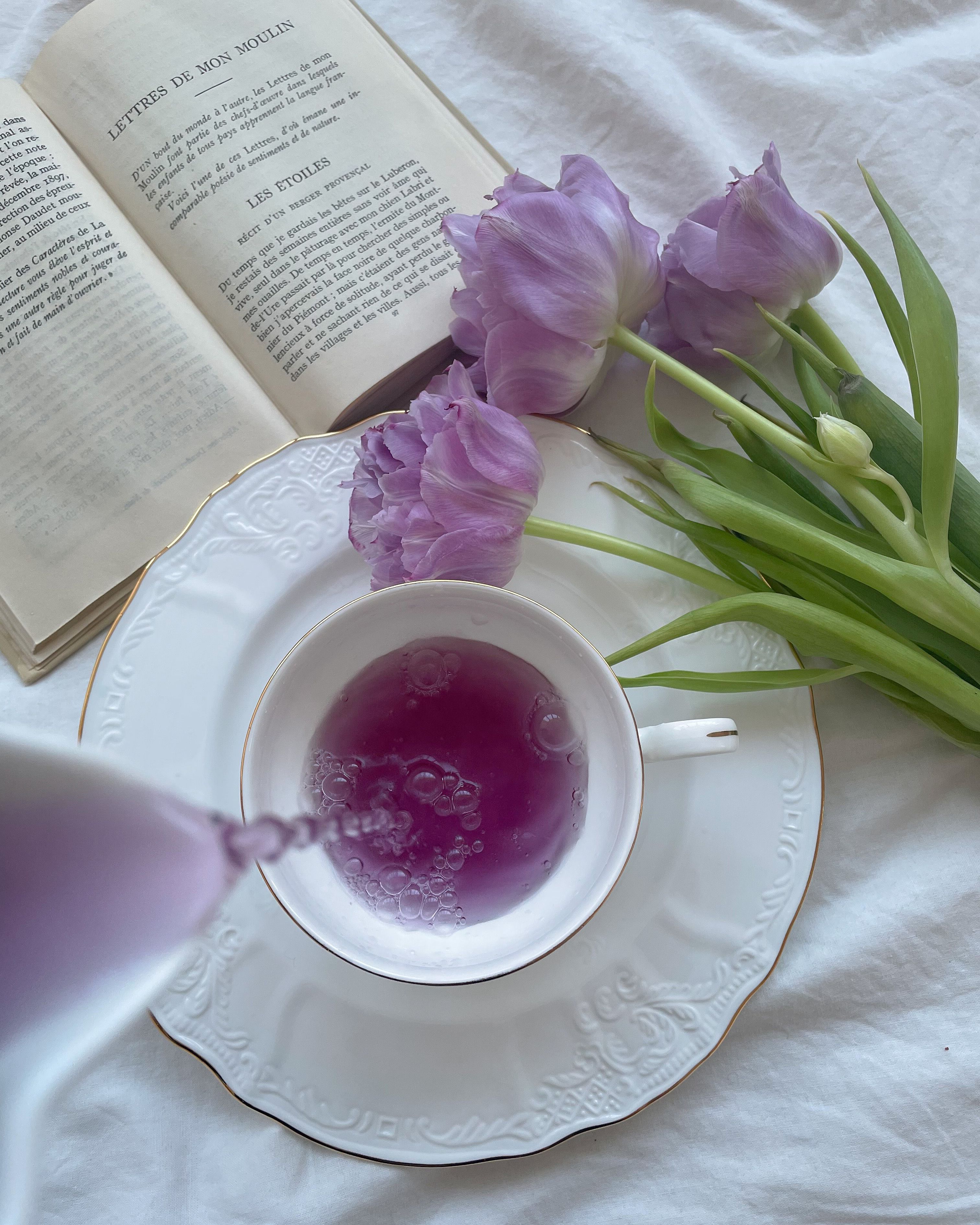 Elegant setup with a cup of purple tea, tulips, and an open book. Ideal for lifestyle themes.