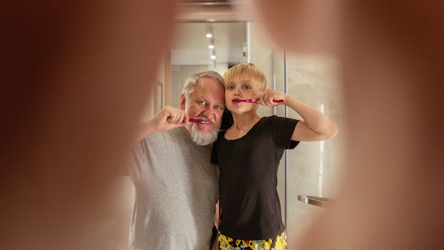 A joyful moment of a grandfather and grandson brushing teeth, promoting family bonding and hygiene habits.