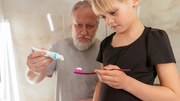 A grandfather assists his young grandson with dental hygiene in a bathroom setting.
