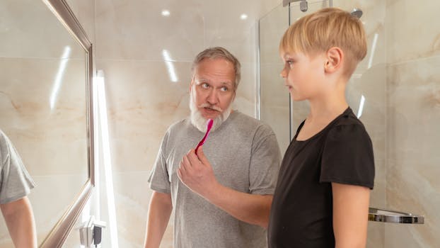 Grandfather demonstrating teeth brushing to grandson in modern bathroom setting.