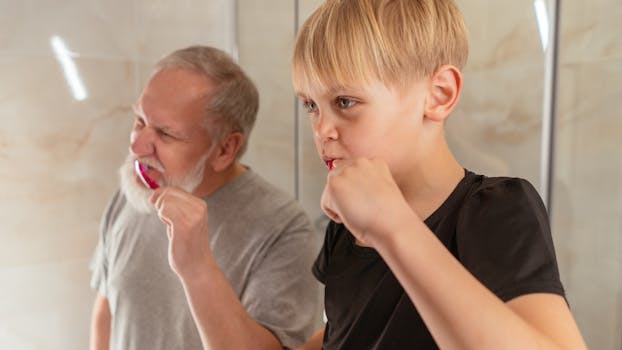 A grandfather and grandson practicing oral hygiene together in a bathroom.