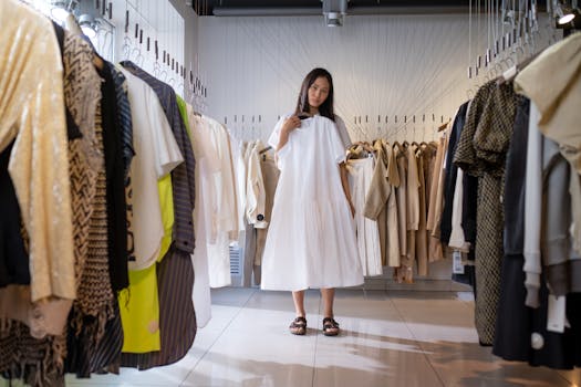 Woman holding a white dress in a modern boutique, surrounded by stylish clothes.