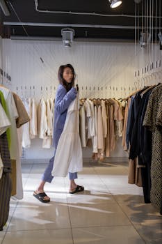 Stylish young woman shopping in a chic clothing boutique, selecting trendy outfits.