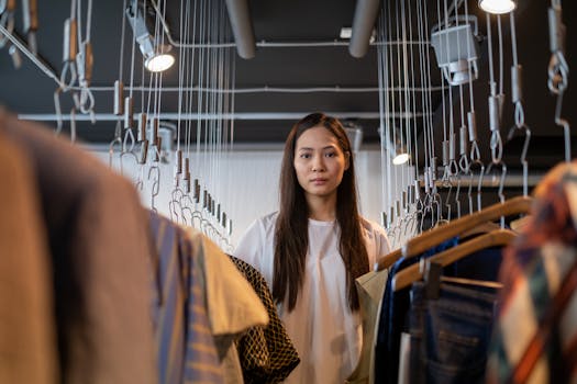 A young woman explores clothing options in a stylish, modern boutique.