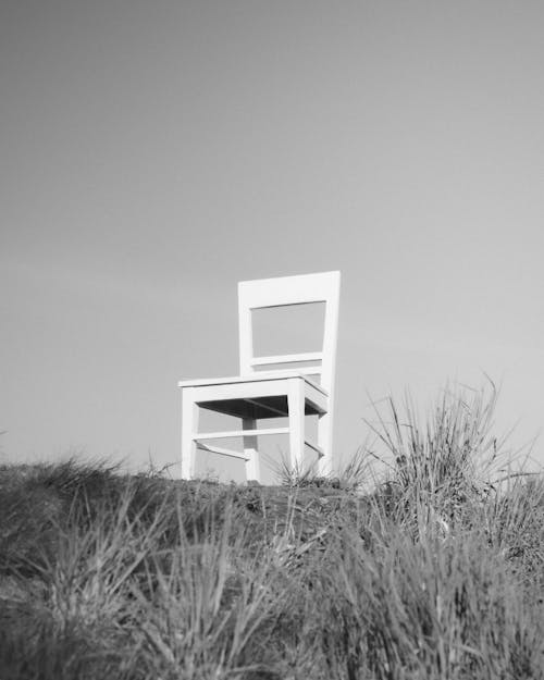 Free Grayscale Photo of a White Wooden Chair on a Grass Stock Photo