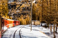 一列充满活力的红色火车在冬天穿过意大利阿尔卑斯山白雪皑皑的森林