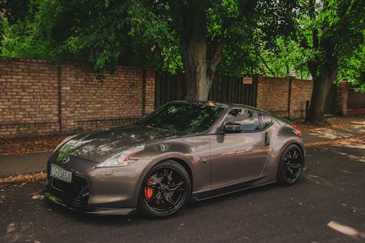 A luxury silver sports car parked under trees along a brick wall in Poznań, Poland.