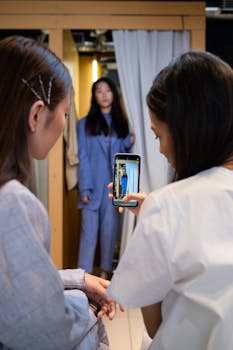 Women capturing a friend modeling clothing in a store's fitting room.