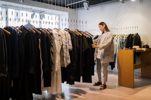 Woman browsing fashionable clothing options in a stylish store setting.