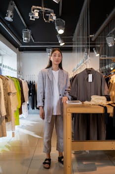 Elegant Asian woman in a trendy boutique showcasing stylish fashion pieces.