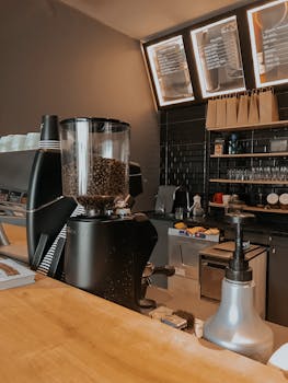 Inviting coffee shop interior featuring coffee beans and equipment in Van, Türkiye.