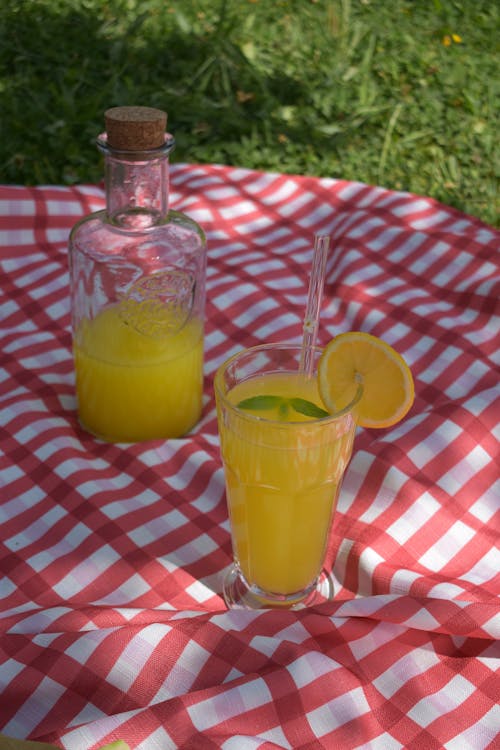 Photo of a Glass with Lemonade on a Picnic Blanket