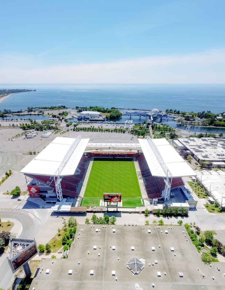 Symmetrical View Of A Rectangle Shape Stadium On A Coast