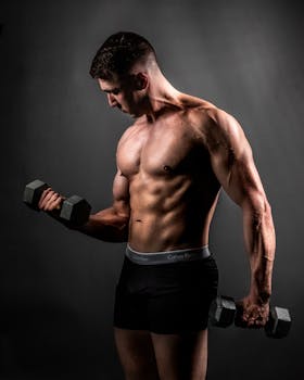 Fit shirtless man lifting dumbbells in a studio, showcasing his muscles and fitness.