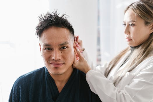 A doctor performs an ear examination on a patient in a well-lit clinic setting.