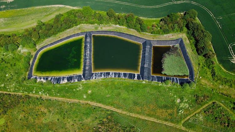 Aerial View Retention Pools In Field