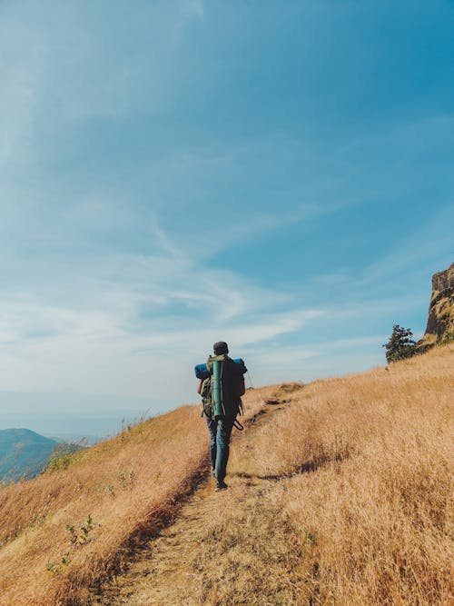 Back View of a Person Carrying a Backpack while Hiking