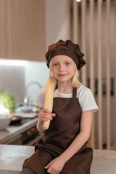 Young girl in a chef's hat and apron holding a rolling pin, smiling in a modern kitchen.