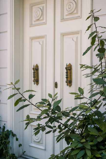 Elegant white door with intricate details surrounded by lush green foliage.