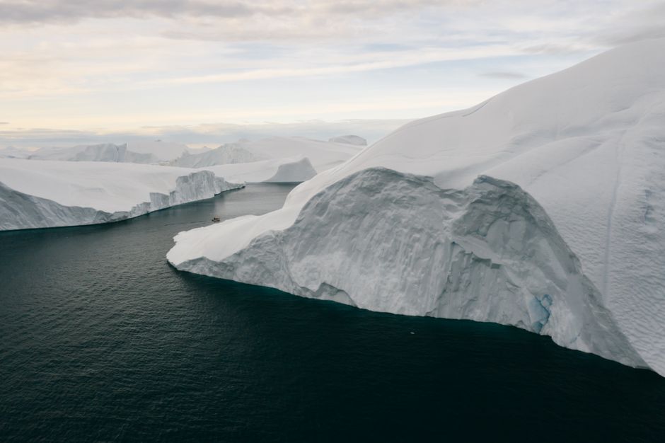 Breathtaking aerial view of iceberg formations in Antarctica during wintertime.