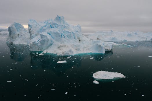 Stunning view of icebergs floating peacefully in the reflective Arctic ocean waters.