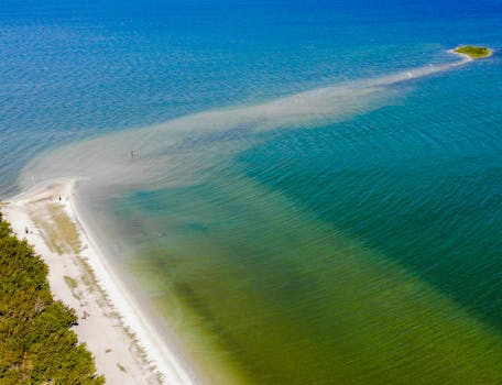 A stunning aerial view of a sandbar with turquoise and blue ocean waters at São Pedro da Aldeia, Brazil.