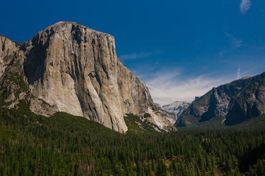 Stunning view of El Capitan, a famous rock formation in Yosemite National Park, under blue skies.