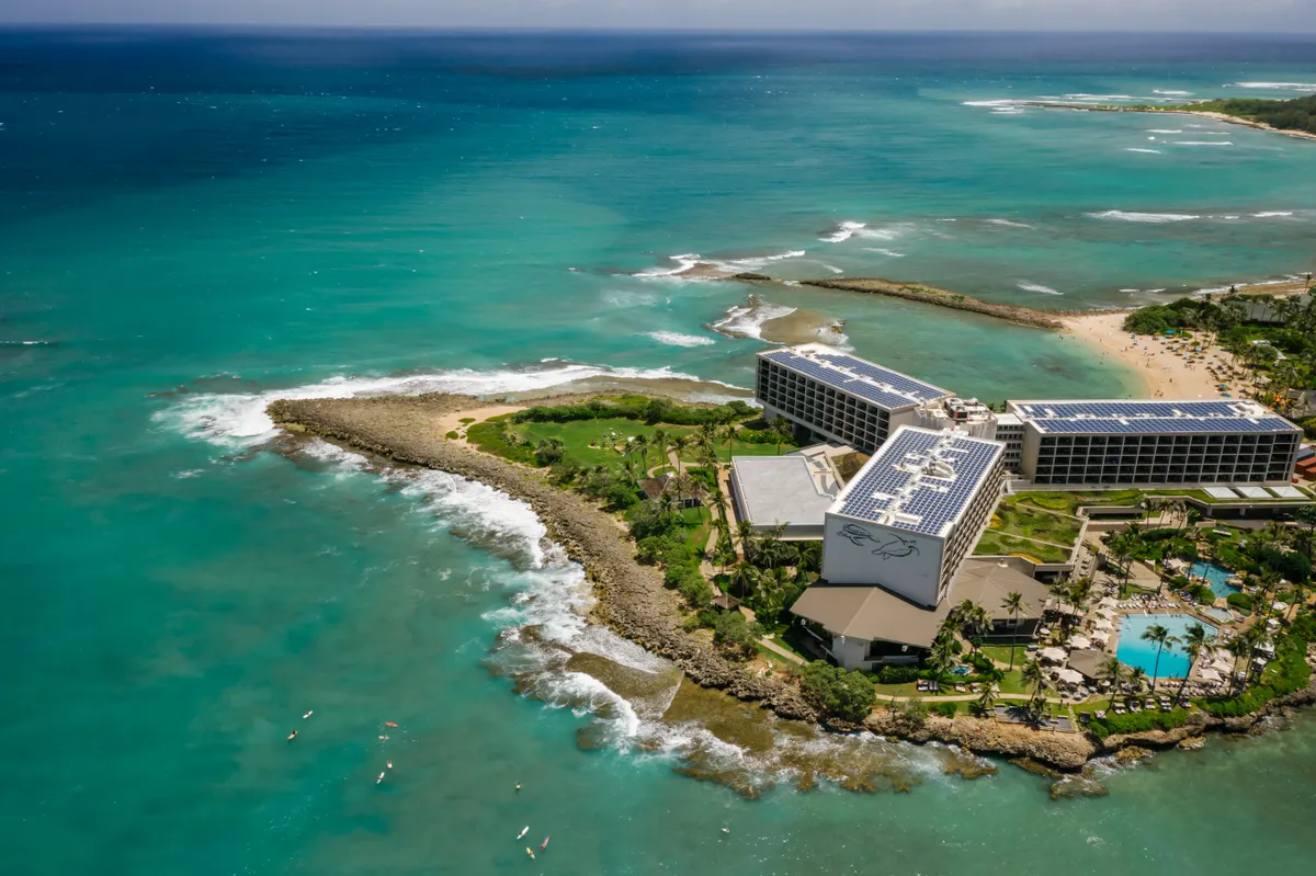 Aerial view of Turtle Bay Resort on the North Shore coast of Oahu