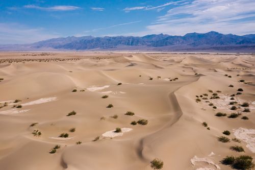 Free Expansive desert dunes with vegetation under a clear blue sky, mountains in the distance. Stock Photo