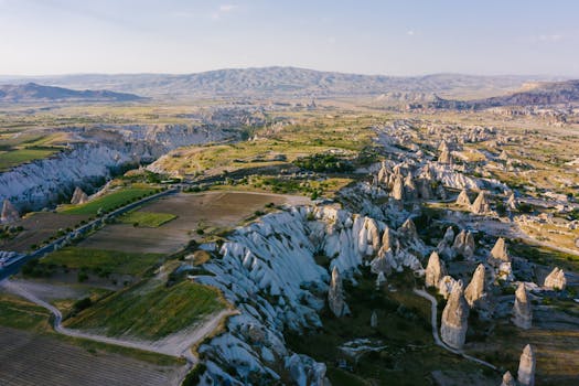 Stunning aerial view of Cappadocia's renowned rock formations and expansive landscapes.