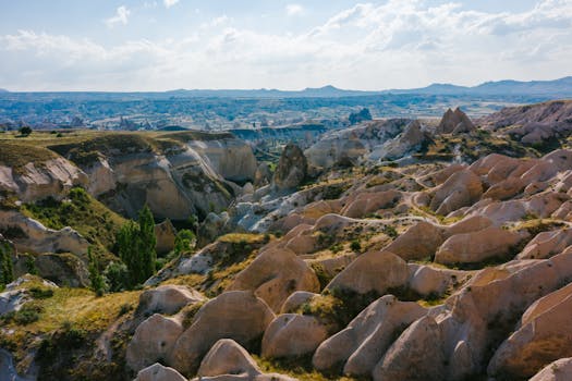 Experience the breathtaking rock formations and valleys of Cappadocia under a clear blue sky. Perfect for travel enthusiasts.