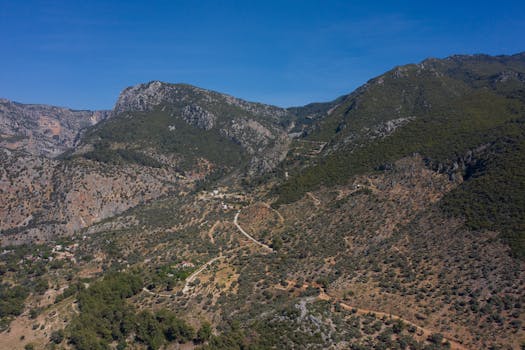 Breathtaking aerial shot of a rugged mountain landscape during a clear day.