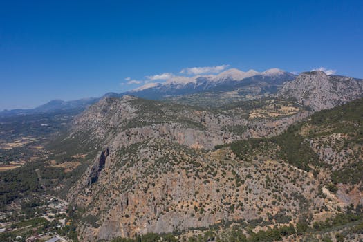 Drone photo capturing a wide expanse of mountainous terrain under a clear blue sky.
