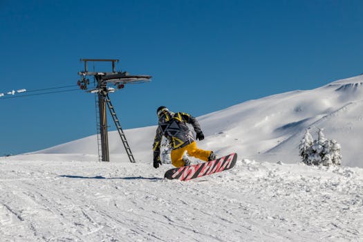 Dynamic snowboarding scene in Bursa's snowy landscape with clear skies.