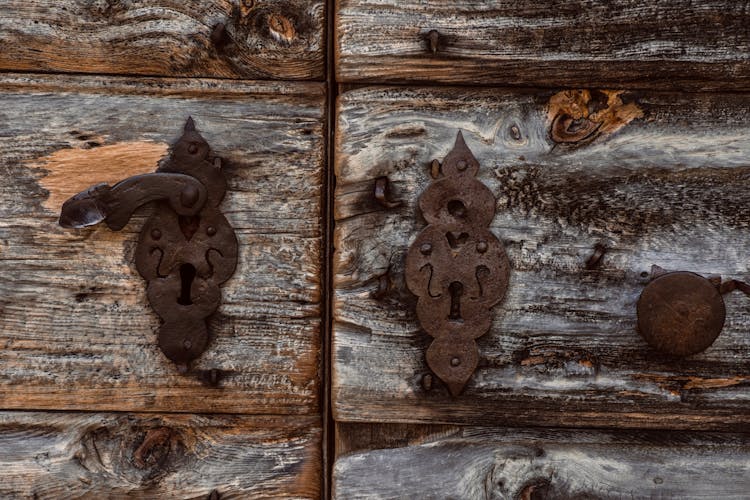 Close-up Of Old Locks On Wooden Doors