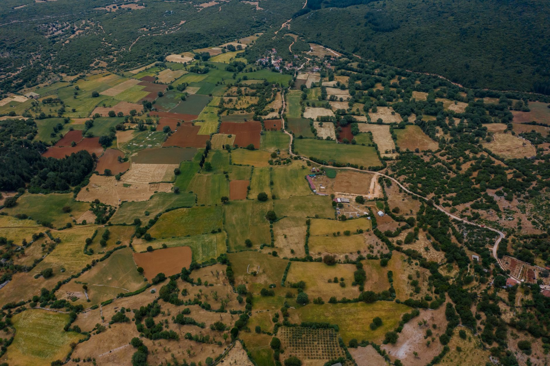 Scenic aerial view of rural farmland with fields and greenery. Perfect for travel and nature lovers.