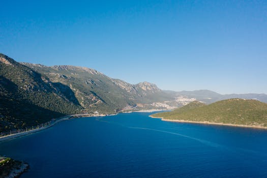 Stunning aerial view of a vibrant blue sea meeting lush green mountains under a clear sky.