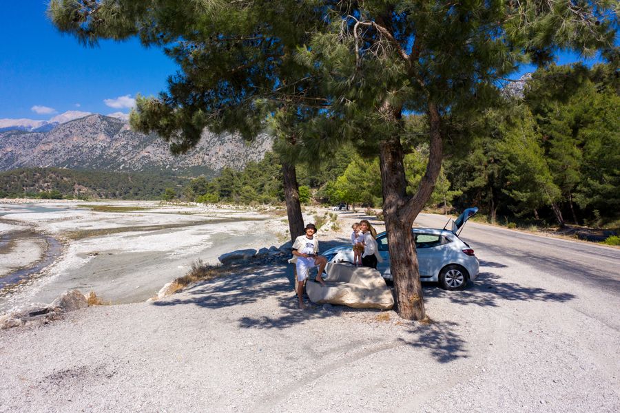 Family beside a car on a road trip