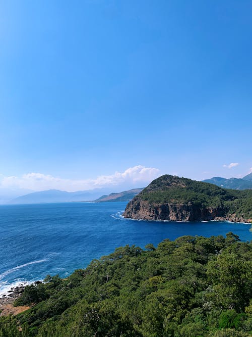 A Green Trees on Mountain Near the Body of Water Under the Blue Sky