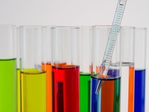Close-Up View of Colorful Liquids in Test Tubes