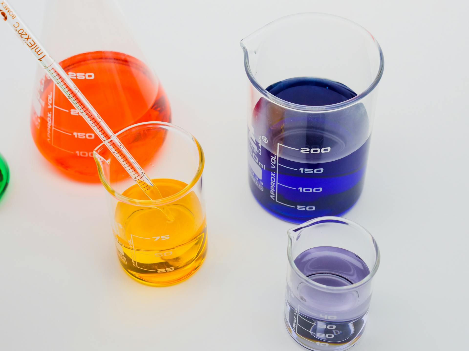 Close-Up View of Colorful Liquids in Laboratory Glasswares