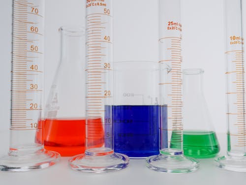 Close-Up View of Colorful Liquids in Laboratory Glasswares