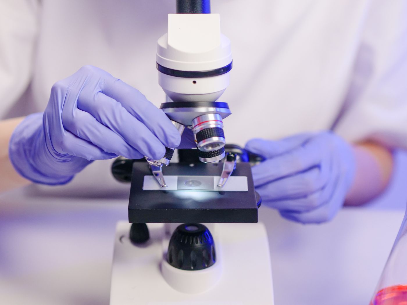 Gloved hands adjusting a glass slide on the microscope stage